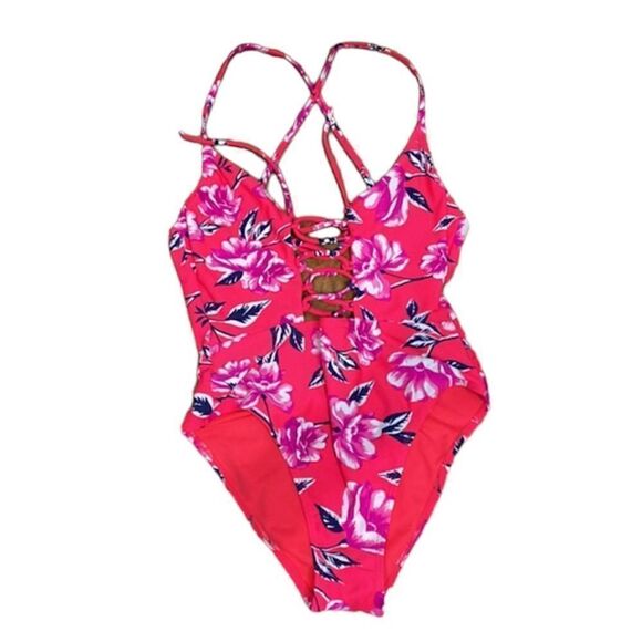 WOMENS XHILARATION CROSS-TIE PLUNGE BACK ONE-PIECE FLORAL SWIMSUIT, PINK/RED - Picture 3 of 10